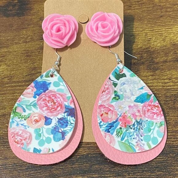 Women's Floral Earring Set Pink Rose Studs Rose Dangles Teardrop Dangles Fashion - Picture 1 of 8